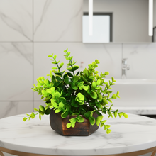 Artificial Leaves Plant with Wood Hexagon Pot ( Height 16.5 cm)