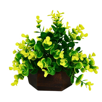 Artificial Leaves Plant with Wood Hexagon Pot ( Height 16.5 cm)