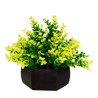 Artificial Leaves Plant with Wood Hexagon Pot ( Height 16.5 cm)