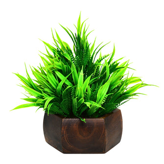 Artificial Leaves Plant with Wood Hexagon Pot ( Height 16.5 cm)
