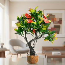 Artificial Bonsai Leaves Plant Wood Pot ( Height 23 cm)