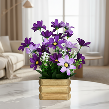Artificial Flower Daisy Purple Bunch in Wooden Pot - 17 cm Height