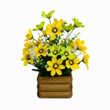 Artificial Flower Daisy Yellow Bunch in Wooden Pot - 17 cm Height
