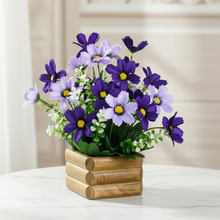 Artificial Flower Daisy Blue Bunch in Wooden Pot - 17 cm Height