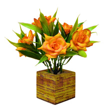 Single pc china 2 tone rose (7 flowers  + 7 bamboo leaves) in printed wood pot