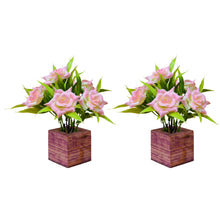 Fancy Mart  Artificial Flower Rose Plant with Wooden Pot (Pack of 2) |14 cm Height | Mini Potted Item for Shelf Décor