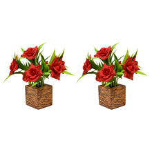 Fancy Mart  Artificial Flower Rose Plant with Wooden Pot (Pack of 2) |14 cm Height | Mini Potted Item for Shelf Décor