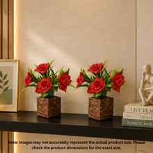 Fancy Mart  Artificial Flower Rose Plant with Wooden Pot (Pack of 2) |14 cm Height | Mini Potted Item for Shelf Décor