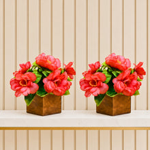 Fancy Mart Artificial Flower Camellia with Wooden Pot (Pack of 2) |14 cm Height | Mini Potted Item for Shelf Décor