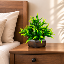 Artificial Bamboo Leaves in Wood Hexagon Pot - 20cm Height - Home & Office Decor Elegant Potted Plant for Tabletop Enhancement (Pack of 1)