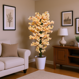 4 feet Artificial Flower plant in black pot placed  in the corner of living room