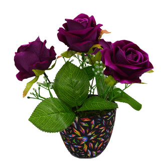 Artificial Rose Flower (4 Heads) in Round Texture Pot (Height : 18 cm)