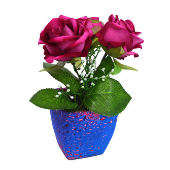 Artificial Rose Flower (3 Heads) in Texture Pot (Height : 15 cm)