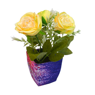 Artificial Rose Flower (3 Heads) in Square Texture Pot (Height : 15 cm)