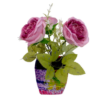 Artificial Rose Flower (3 Heads) in Square Texture Pot (Height : 15 cm)