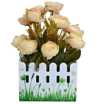 Artificial Peony Flower in fence pot (Height 28 x width 16 cm)