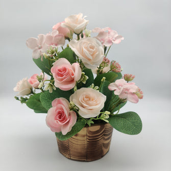 Artificial Rose flower bunch in wood pot ( Height : 25 x Width : 22)