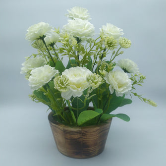 Artificial big lady banks flower in wood pot ( Height : 28 x Width : 26)