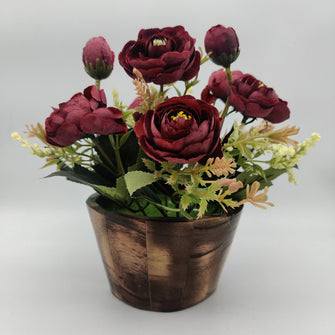 Artificial peony flower bunch in wood pot ( Height : 22 x Width : 22)