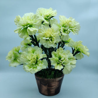 Artificial Long Carnation in circular wooden pot ( Height : 35 x Width : 24 )