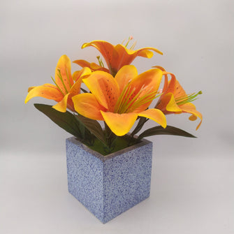 Artificial Lily flower bunch in designer pot ( Height : 27 x Width : 22 )