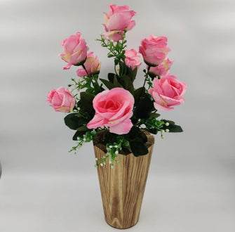 Artificial Rose Flowers 9 flower heads in 7 inch wood pot (Height 42 cms)