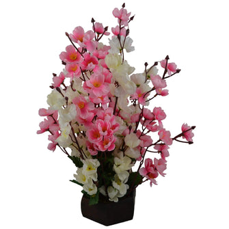 Artificial Cherry Blossom Flowers with Wood Pot (Height - 45 cm)