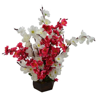 Artificial Cherry Blossom Flowers with Wooden Pot (Height - 45 cm)